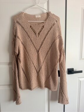 Fate Open-Knit Scoop Neck Sweater in Beige